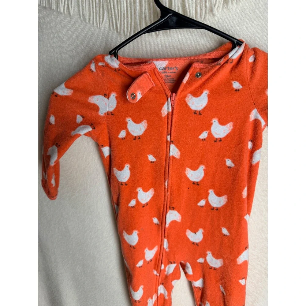 Carters Child of Mine 18M Orange Chicken Print Fleece Footed Sleeper Pajamas